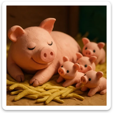 claymation style mother pig lying in straw with piglets around her, soft lighting, vibrant and cute sticker