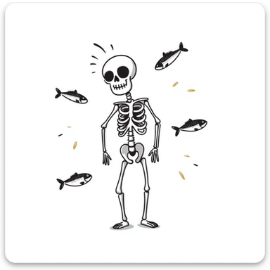 Ethereal skeleton in firm posture with floating sardines, bright yogurt, and golden sesame seeds around it, white light threads connecting the foods to the bones sticker