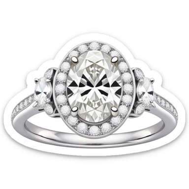 platinum oval diamond engagement ring with white diamond halo and white diamond band sticker