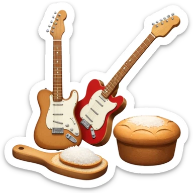 a bottle of salt (salt shaker) and a loaf of peasant bread with a small electric telecaster guitar - still life composition sticker