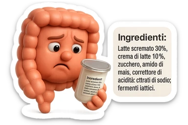 SU QUESTO STILE FAI UN EMOJI STILE IPHONE 3D DI UN INTESTINO CHE HA IN MANO UN BARATTOLO DI YOGURT CONFEZIONATO DA SUPERMERCATO E LEGGE L'ETICHETTA NUTRIZIONALE CON GLI INGREDIENTI IN ITALIANO, ACCANTO ALLO YOGURT CHE HA IN MANO C'è UN FOCUS SULL'ETICHETTA CON GLI INGREDIENTI SCRITTI, FAGLI UN ESPRESSIONE CONFUSA MENTRE LEGGE E FALLO MOLTO REALISTICO IN 3D sticker