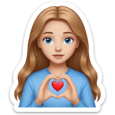 A girl with makeup, long light brown hair, blue eyes, gentle light doing a heart with her hands sticker