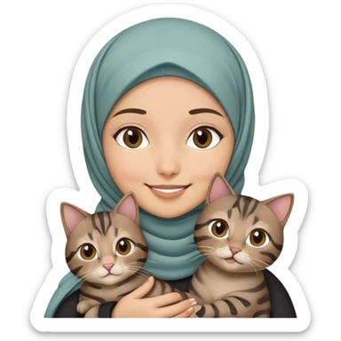 Girl wearing hijab smiling while holding a black brown grey tabby cat sticker