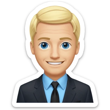 David Carlton from Ali G Indahouse with blue eyes, blonde hair, icy blue dress shirt with black tie, black suit jacket sticker