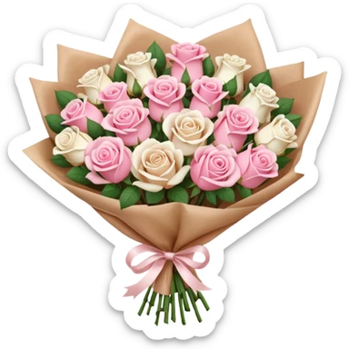 A brown paper-wrapped bouquet of pink and white fresh roses and baby’s breath sticker