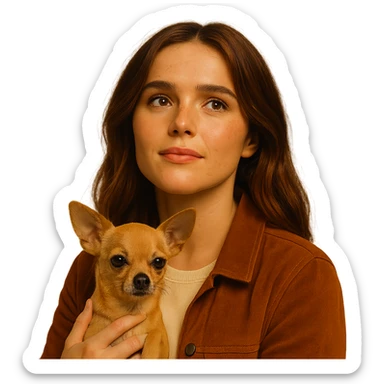 Portrait centered for Instagram profile picture, inspired by the facial features visible in the reference images, with a tanned complexion, subtle freckles, shirt color #FFF8CA, rust-colored jacket, medium-length brown hair with auburn highlights, admiring and inspired expression, holding a beige-brown chihuahua, Netflix series style, transparent background, intimate Tenerife ambiance. sticker