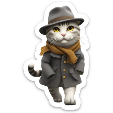 A stylish cat walking on two legs, wearing a wool coat and a hat, on a city street covered in golden autumn leaves, overcast sky, cozy autumn atmosphere, highly detailed, cinematic lighting, ultra-realistic, fashionable cat, street style sticker