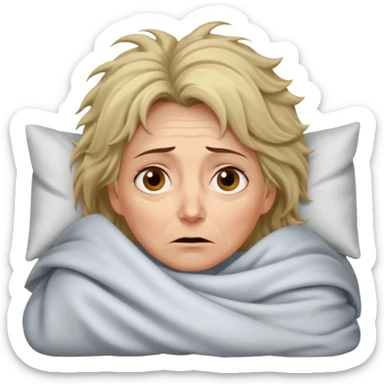 A 55-year-old woman lying in bed at night, unable to sleep. She looks exhausted and desperate, with visible dark circles under her eyes, tired facial expression, slightly messy hair. She is under the blankets, staring at the ceiling.  sticker