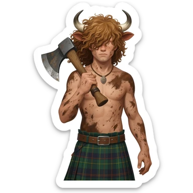 buff curly hairy man covered in dirt with freckles with messy light brown bangs that covers his face completely with bull horns and bull ears and bull tail dressed in kilt holding an axe with wind in his hair with belt around his chest sticker