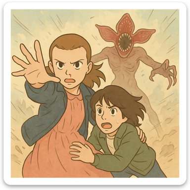 Iconic Stranger Things scene: Eleven using her powers to protect Mike, Demogorgon in the background, all in dynamic poses, action atmosphere, simple line art, light pastel tones, thick outlines, Ghibli style, 1:1 format, safe and friendly. sticker