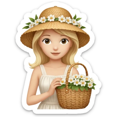 summer beautiful wicker hat, beach beige bag and bouquet of white flowers and blonde girl in Italy white dress sticker