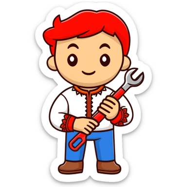 Ukrainian craftsman wearing traditional embroidered vyshyvanka shirt holding a spanner wrench and red scissors sticker