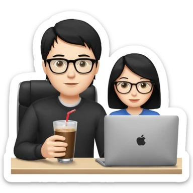 Hombre blanco con gafas, pelo negro tomando un refresco frente a un ordenador con ropa de sport,  y se ve en la pantalla del ordenador una mujer rubia tomando café sticker