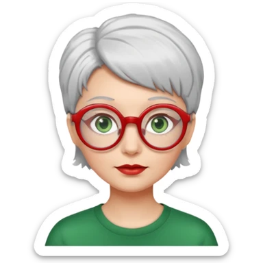 visage femme a lunettes pas épaisse ronde rouge avec cheveux courts gris-blancs aux yeux verts sticker