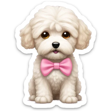 a maltipoo that has a pink nose and has a bow sticker