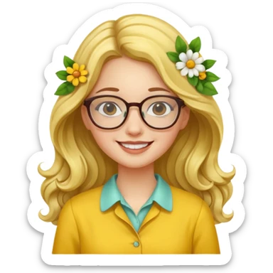 girl with a yellow blouse with flowers, with hair long hair in waves with glasses smiling sticker