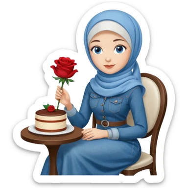 Turkish beautiful finish Konya girl blue eyes with denim hijab long tail dress and sits on the modernized coffee house on a white chair and holds rose cake with her hand  sticker