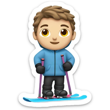 White boy with brown hair skiing on blue skis. Wearing a light gray coat. And a pair of black snow pants.  sticker