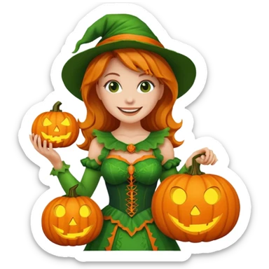 Woman Hunter With Jack o Lantern, wearing green costume sticker