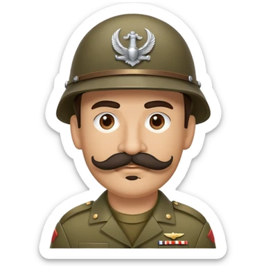 Soldier with thick handlebar mustache wearing a military helmet sticker