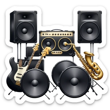 Icon for R&B Music Listening: large concert speakers with waves of musical notes coming out, along with a bass guitar, drum kit, and synthesizer, saxophone. The icon should convey the energetic and rhythmic vibe of R&B music. Transparent background. sticker
