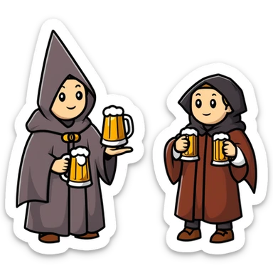 group of medieval pilgrims with cloaks and beer bottles sticker