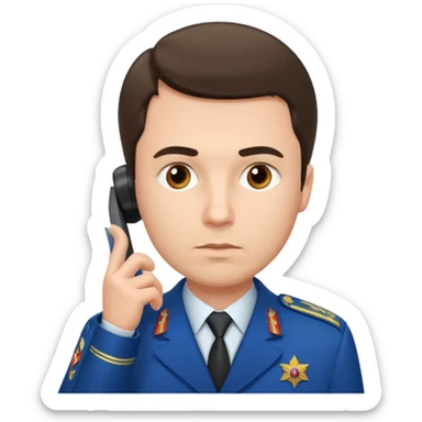 A Russian prosecutor's uniform, a man with a phone looking at something sticker