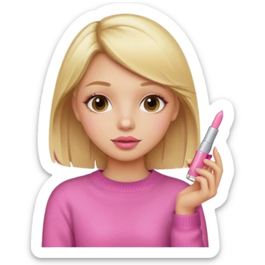 A blonde haired girl with a pink sweater and holding a lip gloss sticker