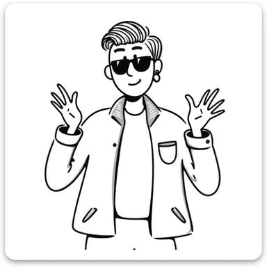 A 30-year-old Latino male with a piercing in one ear, wearing sunglasses, with short David Beckham style haircut, shrugging his shoulders with raised hands in a carefree "whatever, I'm good" gesture. He's smiling confidently while wearing a t-shirt with a light jacket sticker