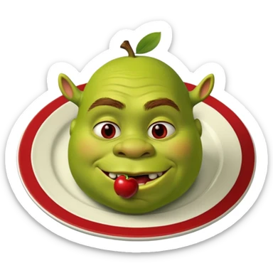 shrek on a plate with an apple in his mouth sticker