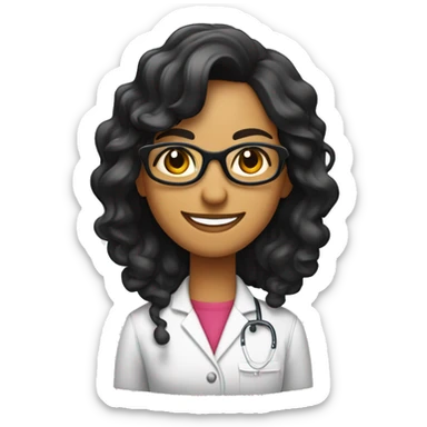 científica, morena de cabello negro ondulado recogido con una cola, con lentes, sonriente, con bata de laboratorio blanca sticker