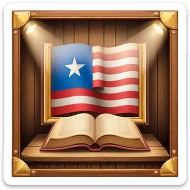 Historic book with theatre stage opening on cover, Puerto Rican flag visible on stage backdrop, wooden frame elements, glowing with warm light suggesting immortality of cultural heritage sticker