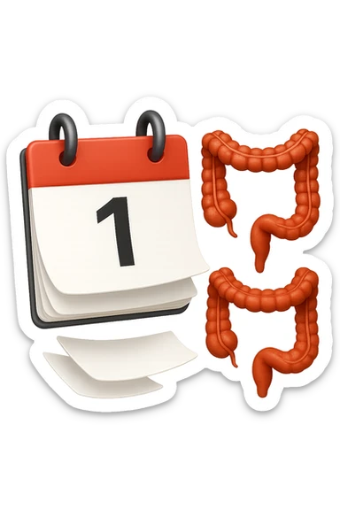 emoji stile iphone di un calendario con fogli che volano insieme a pezzi anatomici di colon umano, iperrealistico 4k, isolato su sfondo bianco sticker