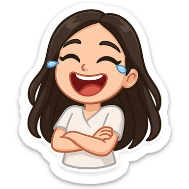 Create a chibi sticker of the girl from the reference image with long hair as shown. She is laughing, in 3D bitmoji chibi style with a white outline and transparent background. sticker