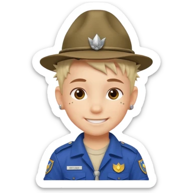 tattoed scout kid, spiky haired with scout uniform and hat sticker