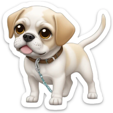 White Puggle with brown ears pulling on leash sticker