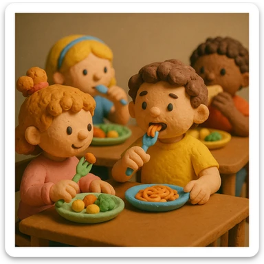 Children eating, matte, plasticine claymation with visible fingerprints and pastel colors. sticker