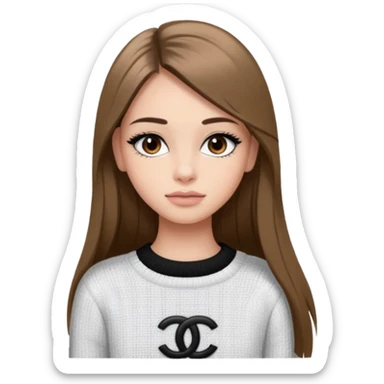 Une fille avec des faux cils, des yeux, marrons, des cheveux lisses un pull Chanel sticker