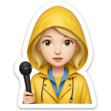womanwith rain coat and microphone sticker