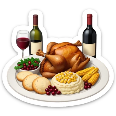 Thanksgiving Dinner with friends of all different races; have the food be a cooked turkey, mashed potatoes, corn, a basket of biscuits, a small bowl of cranberry sauce, baked yams, steamed vegetables, and a bottle of wine. sticker