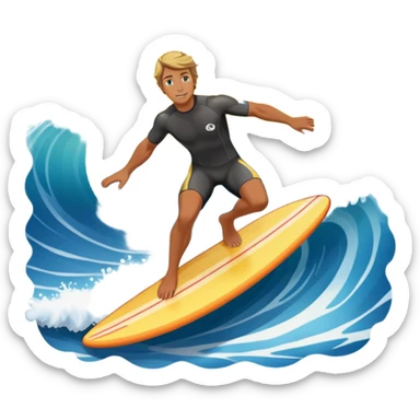 A surfer riding a large wave, skillfully balancing on their board as the ocean crashes around them. The scene captures the energy and excitement of surfing, with the sun setting in the background and the water sparkling under the light. sticker