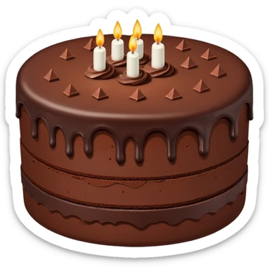 Chocolate fudge cake with chocolate base and chocolate frosting with chocolate pieces. Show the inside of the cake with three thin layers of a lighter chocolate filling  sticker