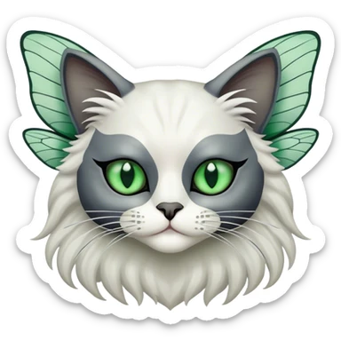 dark gray ragdoll Cat white mask with dragonfly wings antennae green eyes sticker