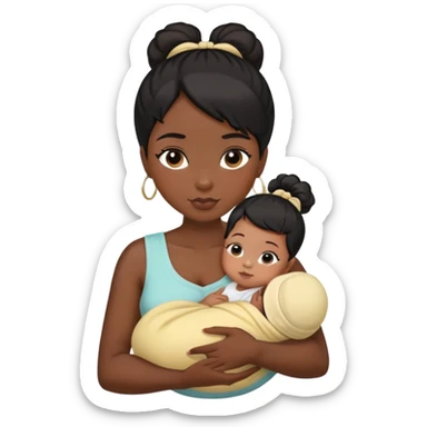 dark black hair girl cuddling a newborn baby and a girl  with a high ponytail sticker