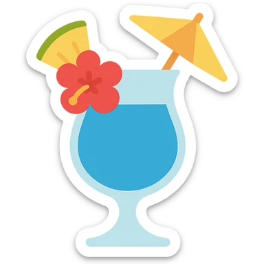 blue tropical cocktail with hibiscus, pineapple, and paper umbrella garnish sticker