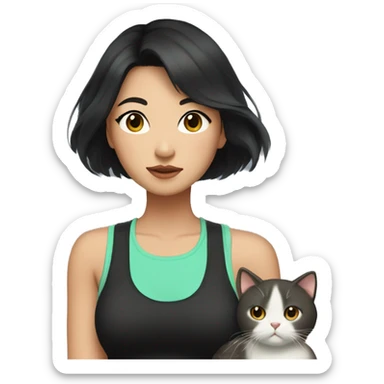 Asian woman with medium black hair, brown eyes. She's wearing a black tank top and mint shorts. And she has a cat in her arms sticker