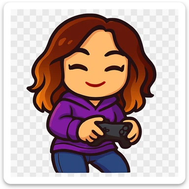 Update this chibi emote to remove the headband and change the outfit to a cute purple hoodie and jeans, holding a game controller in a gaming pose sticker