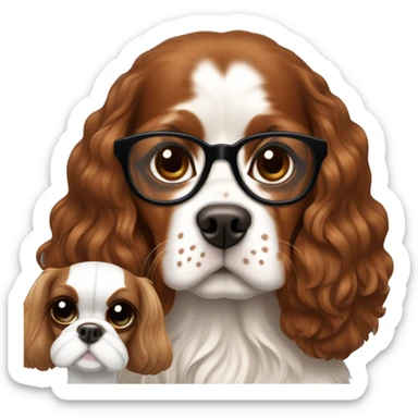 White girl with brown hair wearing glasses holds a king charles spaniel dog sticker