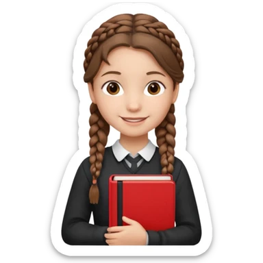 brown braid hair girl kid, student, black gile, red book sticker