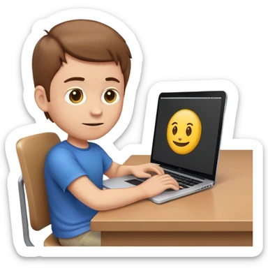 White male character in emoji style sitting at a desk, typing code on a MacBook laptop. He looks focused, has short brown hair, wearing a casual t-shirt, with code visible on the MacBook screen. Bright and colorful emoji-like illustration. sticker